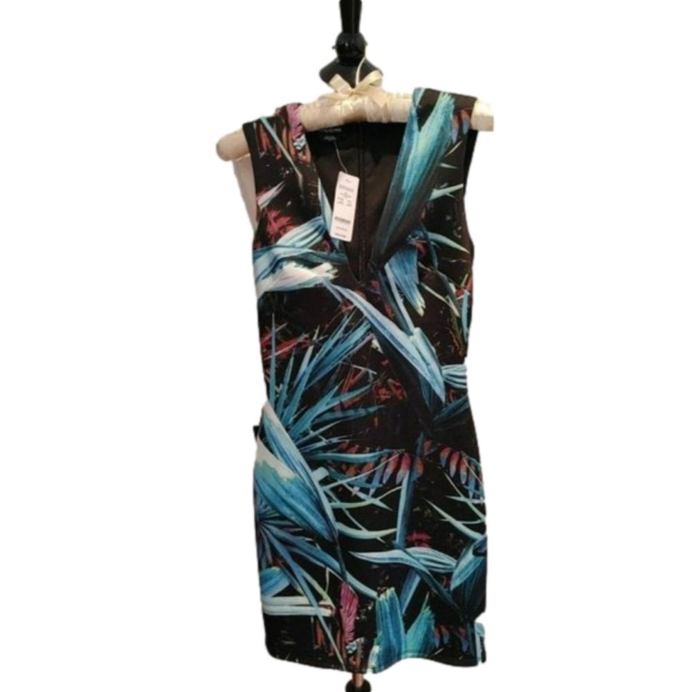 NWT BEBE V-Neck Scuba Dress Blue Multi Color Printed Abstract Size XS